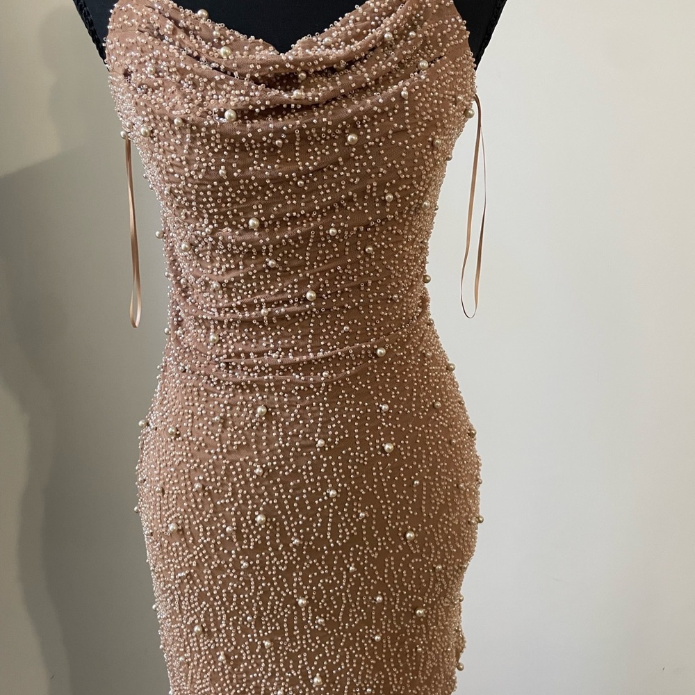 The Vintage Shop Strapless Pearl-Embellished Nude Dress